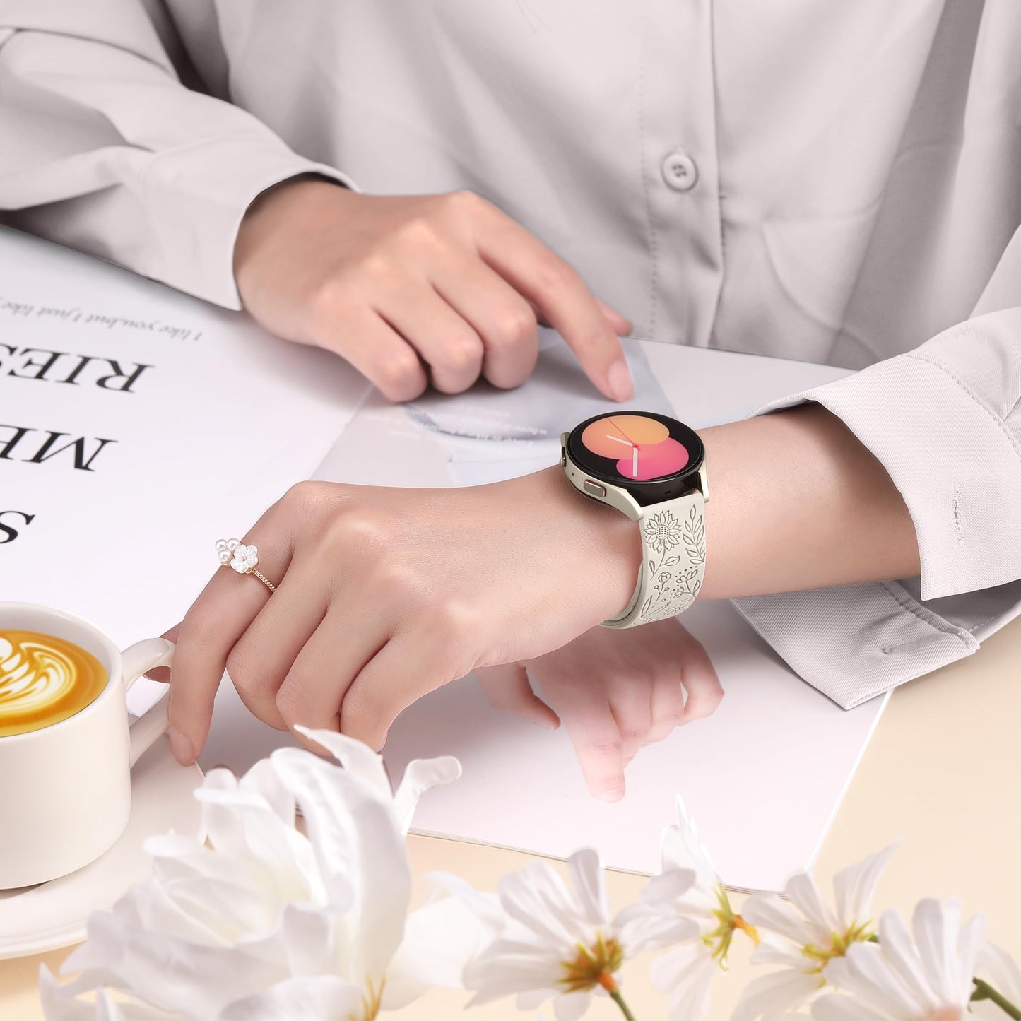 SNBLK Floral Engraved Bands Compatible with Samsung Galaxy Watch 7 Band 6 5 4 Active 2 40mm 44mm/5 Pro/Watch 6/4 Classic, 6Pack 20mm Cute Flower Soft Silicone Sport Strap for Samsung Watch Bands Women
