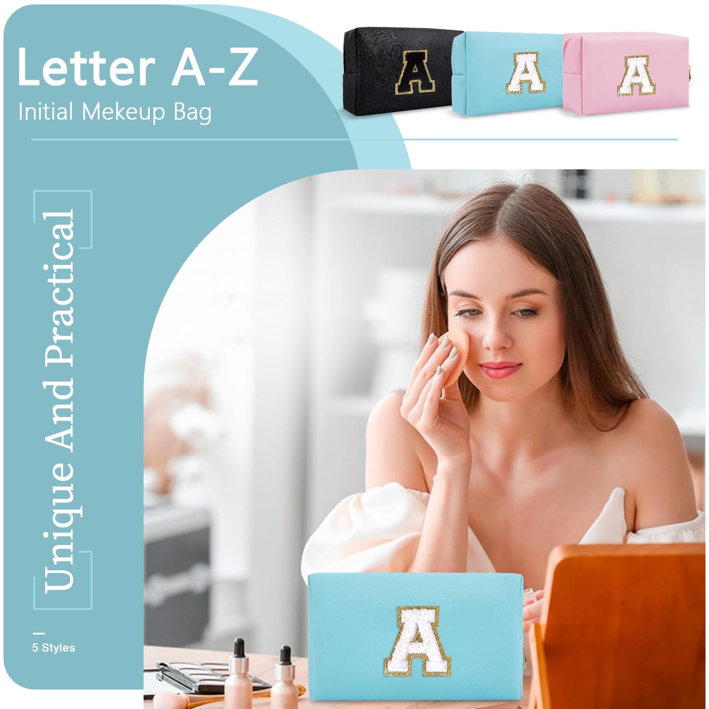 Small Personalized Initial A-Z Preppy Patch Makeup Bag,PU Chenille Letter Travel Cosmetic Pouch with Zipper,Blue Cute Toiletry Bag,Gift Ideal for Teen Girls Women Teacher Bridesmaid,Letter A