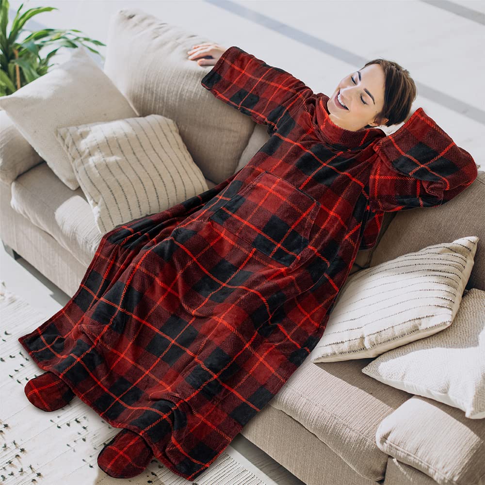 PAVILIA Fleece Blanket with Sleeves, Foot Pockets for Women Men Adults, Plush Wearable Blanket Throw Wrap, Warm Snuggle Blanket Robe, Cozy Gift Ideas Wife Mom, Plaid Red