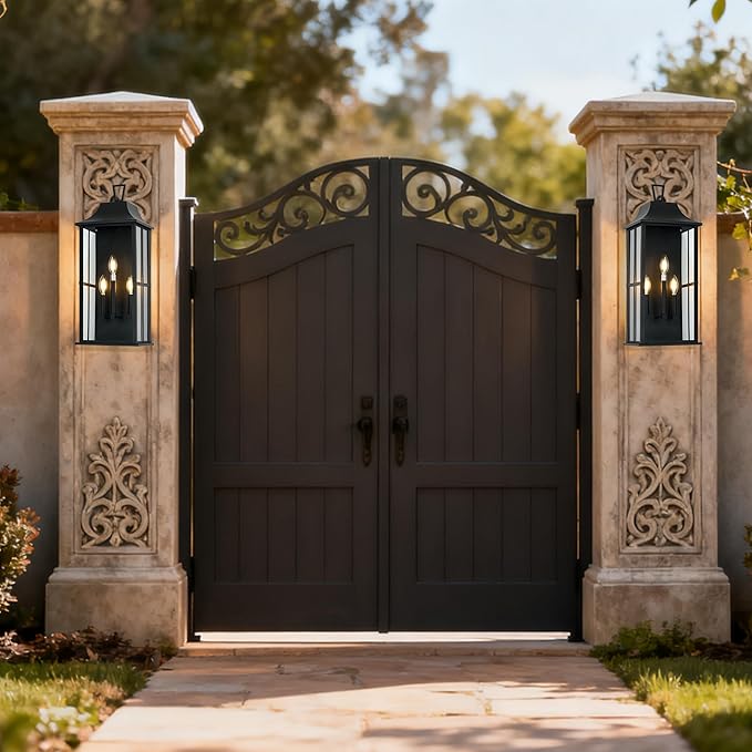 Patio Wall Light Fixture Outdoor Wall Lighting, 25" Large Outside Modern Wall Sconce Lantern, Industrial Porch Light Wall Mount, Waterproof Farmhouse Exterior Lamp 3-Light,Bulbs Not Included