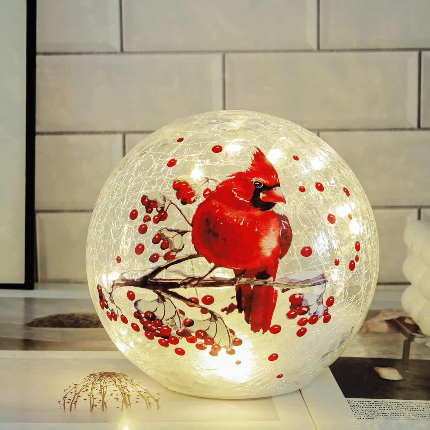 Crackle Glass Ball Cardinal Light Up Red Bird Stained Glass Christmas Decor Accent Globe Night Light, Mother's Day Gifts, Led Sphere Desk Table Lamp