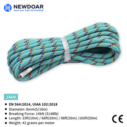 NewDoar CE & UIAA Certificated 5/16in(8mm) Static Climbing Rope 14KN High Strength Accessory Cords Safety for Rock Climbing, Outdoor Survival, Hiking, Mountaineering-Blue/66FT