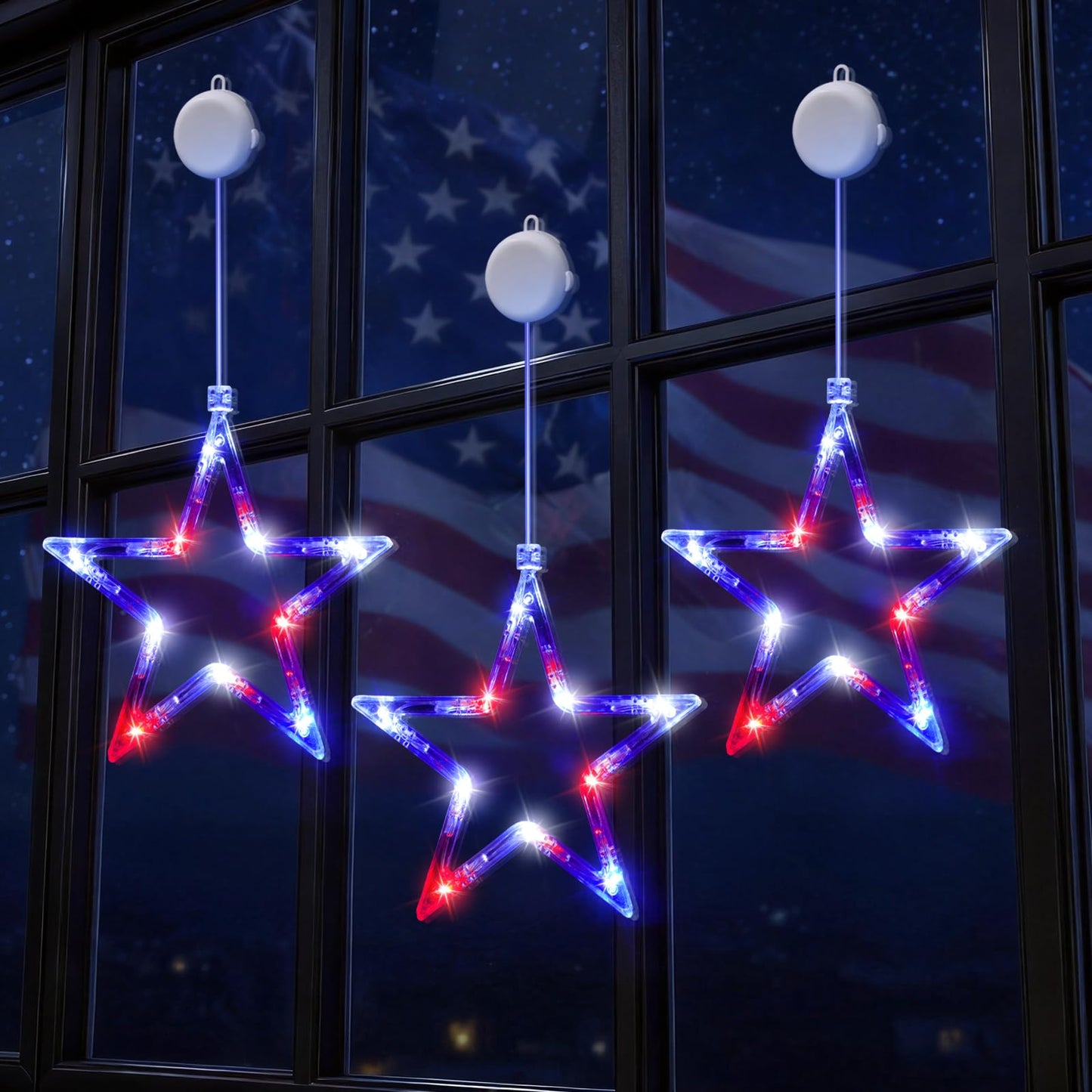 LYUBASA 3 Pack 4th of July Lights Decorations, Battery Operated, Red White and Blue, Indoor Window Star String Lights, Patriotic Decor