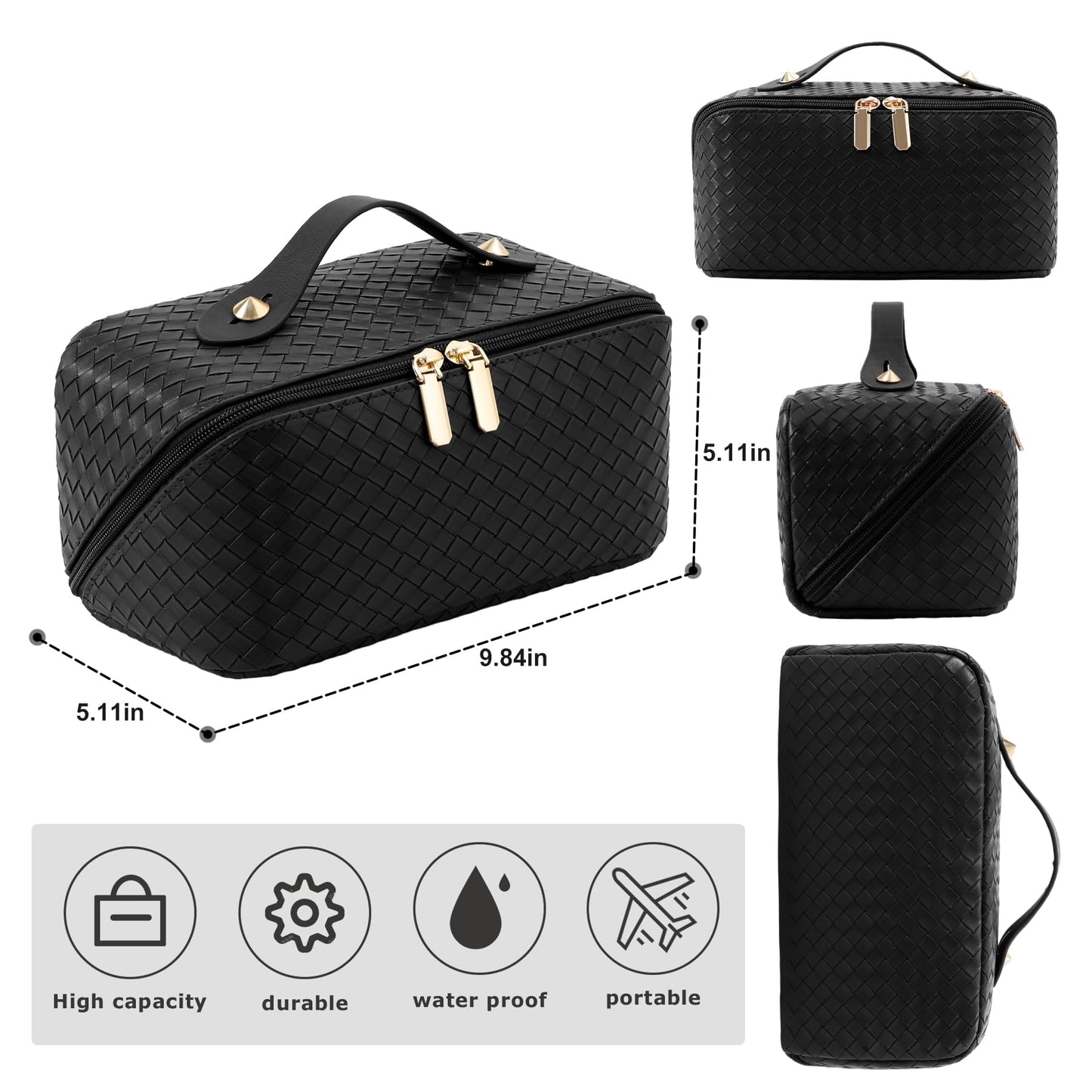 Large Capacity Travel Cosmetic Bag - PU Leather Makeup Organizer Bag Portable Woven Makeup Bags for Women Waterproof Travel Toiletry Bag with Divider Pouch, Black