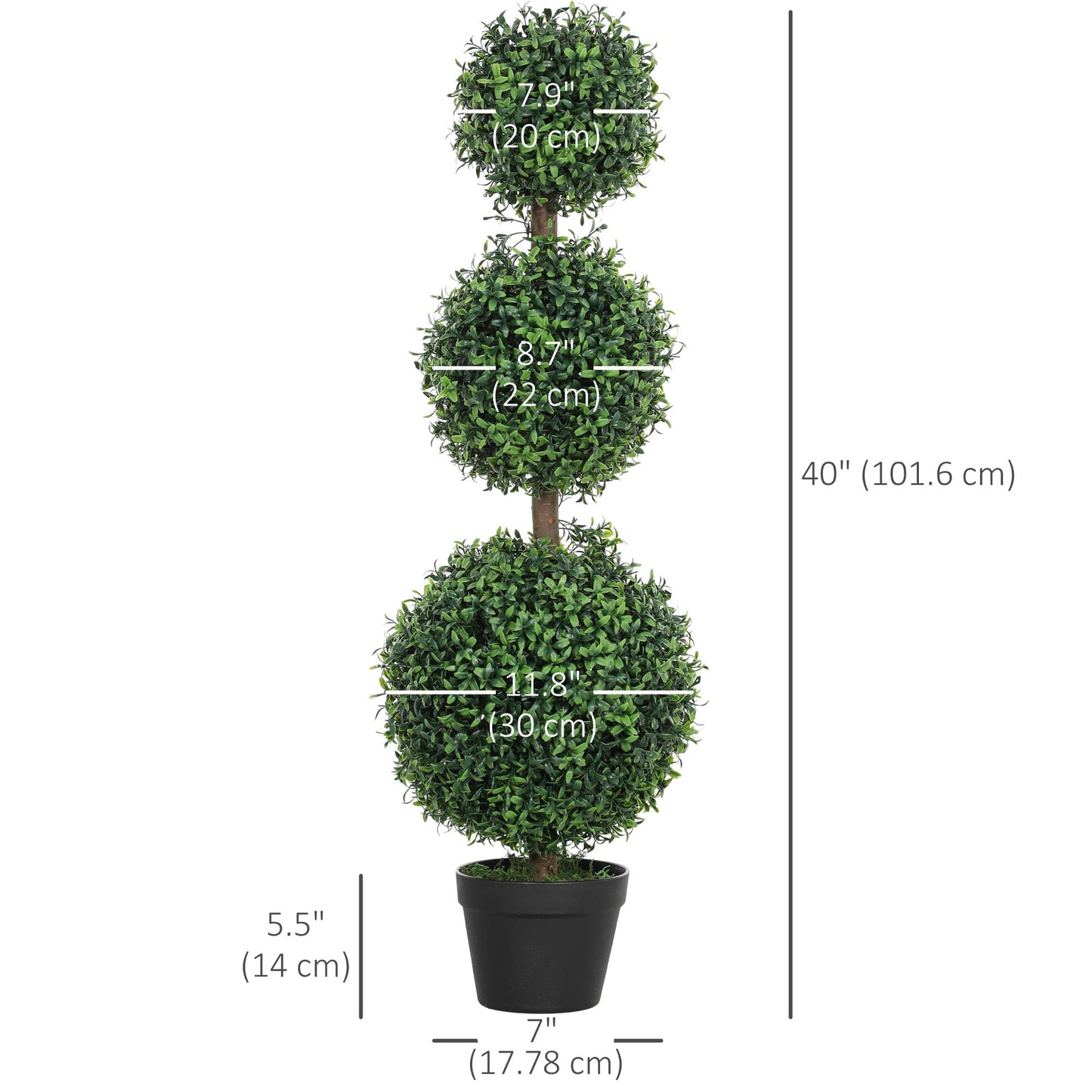 HOMCOM Artificial Plants Topiary Ball-Shaped Boxwood Trees in Pot Set of 2 Fake Plants for Home Indoor Outdoor Front Porch Decor, 40 Inch, Green