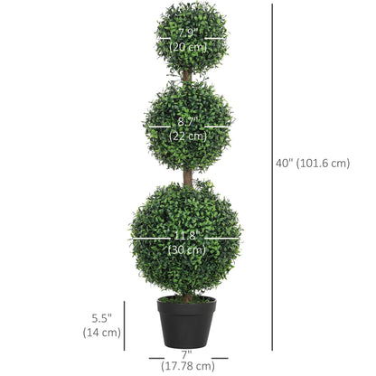HOMCOM Artificial Plants Topiary Ball-Shaped Boxwood Trees in Pot Set of 2 Fake Plants for Home Indoor Outdoor Front Porch Decor, 40 Inch, Green