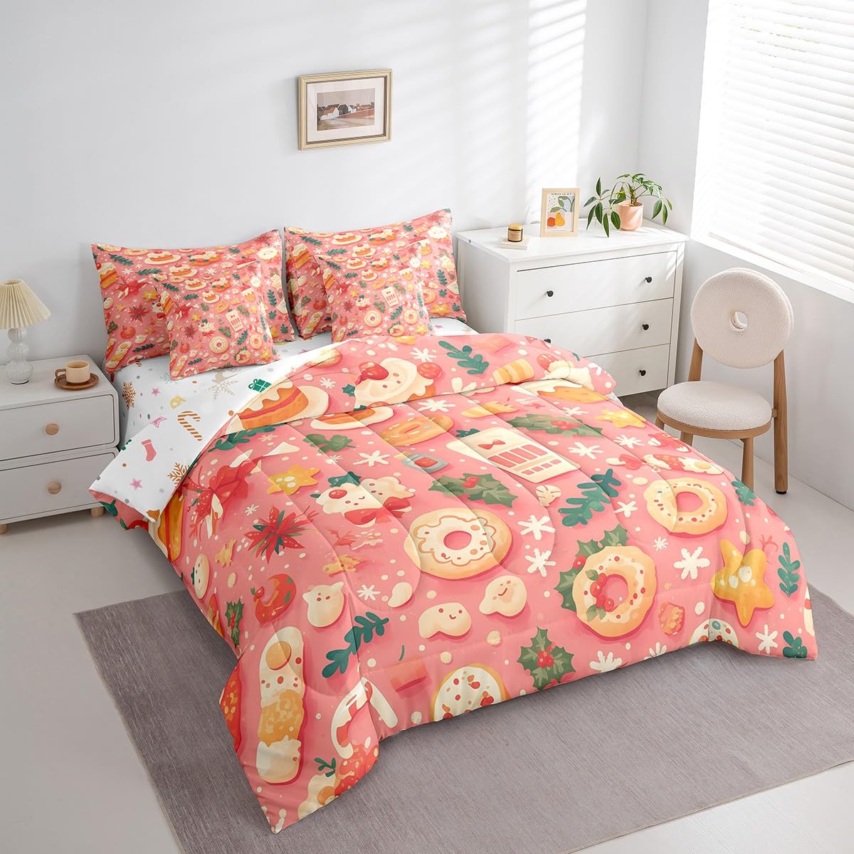 Manfei Xmas Donut 7 Pieces Comforter Set Full,Cute Cookies Desert Theme Bedding Set for Bedroom Decor,Merry Christmas（Comforter+Fitted+Flat Sheet+2 Pillowcases+2 Throw Pillow Covers）