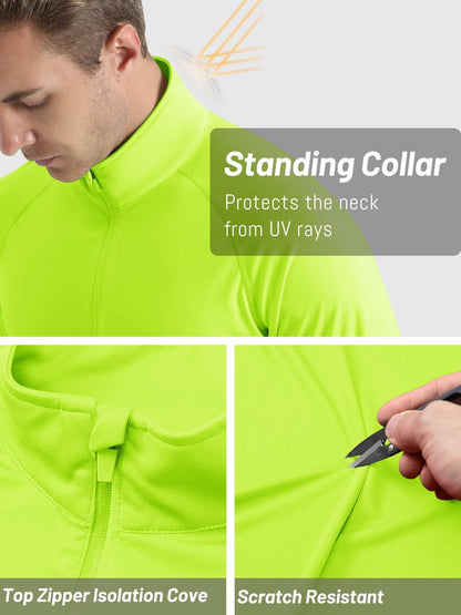 TACVASEN Men Long Sleeve Swim Shirts Sun Protection Quick Dry 1/4 Zip Pullover Running Workout Shirts Fluorescent Green L