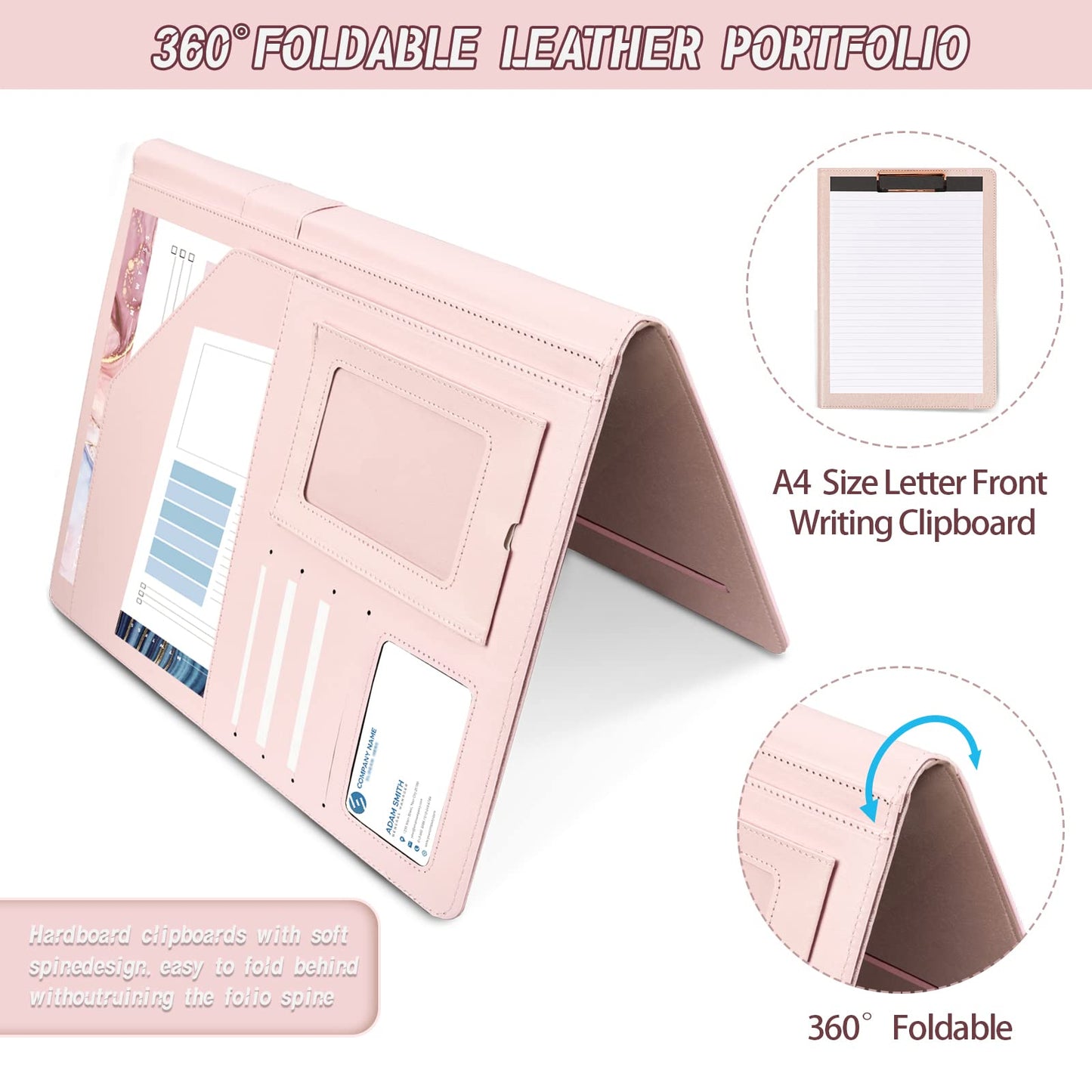 Leather Portfolio Organizer Women Clipboard with Storage Pink Clip Board for Notepad,Phone,Cards