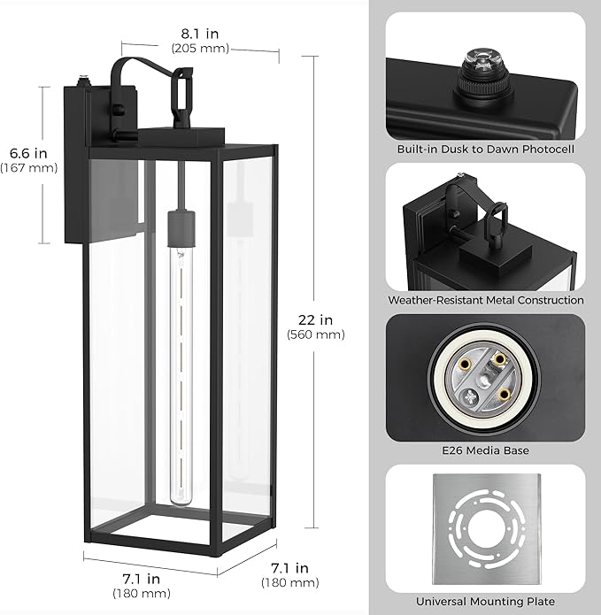 L LOHAS LED 2 Pack 22 Inch Large Size Dusk to Dawn Outdoor Light Fixture, Matte Black Waterproof Anti-Rust Porch Lights Ourdoor, Exterior Lighting Fixtures for Porch, Doorway, Garage, ETL Listed