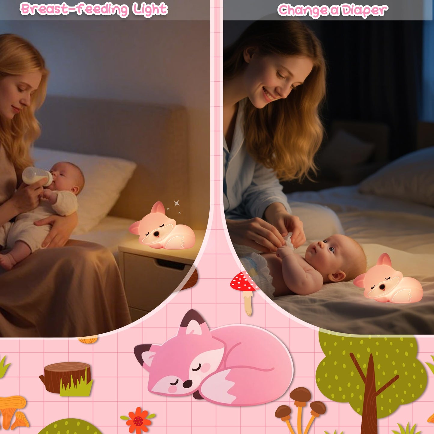 Okayera Fox Lamp for Girls, Pink Silicone Squishy Fox Shaped, 20 Mins Auto-Off Rechargeable Dimmable Night Light, Fox Gifts for Nursery Baby Girl Women, Christmas White Elephant Gifts Idea