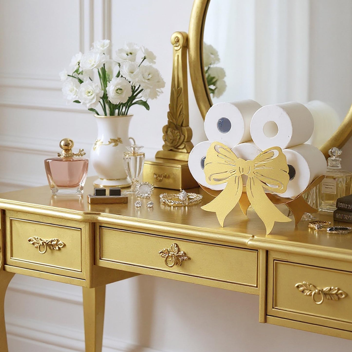 Geelin Bow Metal Toilet Paper Storage Holder Wedding Bow Bathroom Decor 8 Rolls Decorative Toilets Paper Holder Wall Mounted for Bathroom Kitchen Bedroom Coquette Home Decor(Gold)