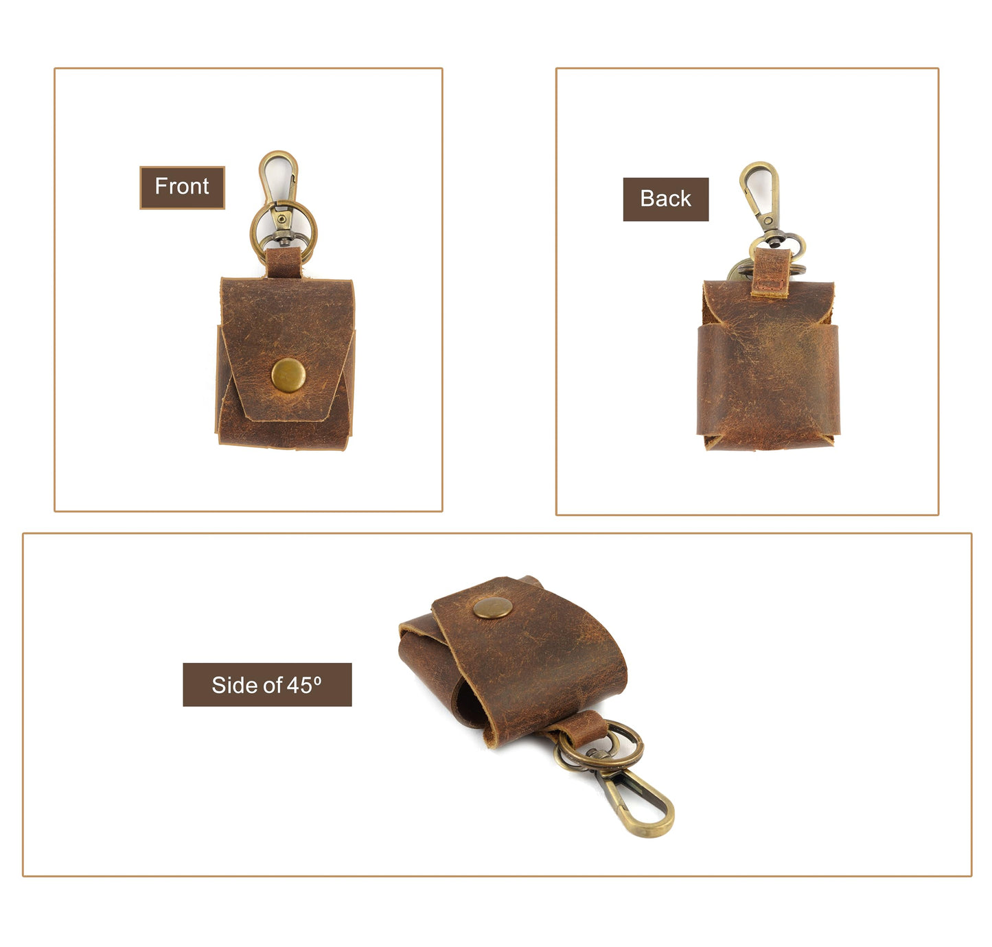 CestAntiQ Genuine Leather AirPods Case with Keychain, LeatherCase Cover Compatible for Apple AirPods 1 and 2, Secure Snap-Fastener Brown Leather Case