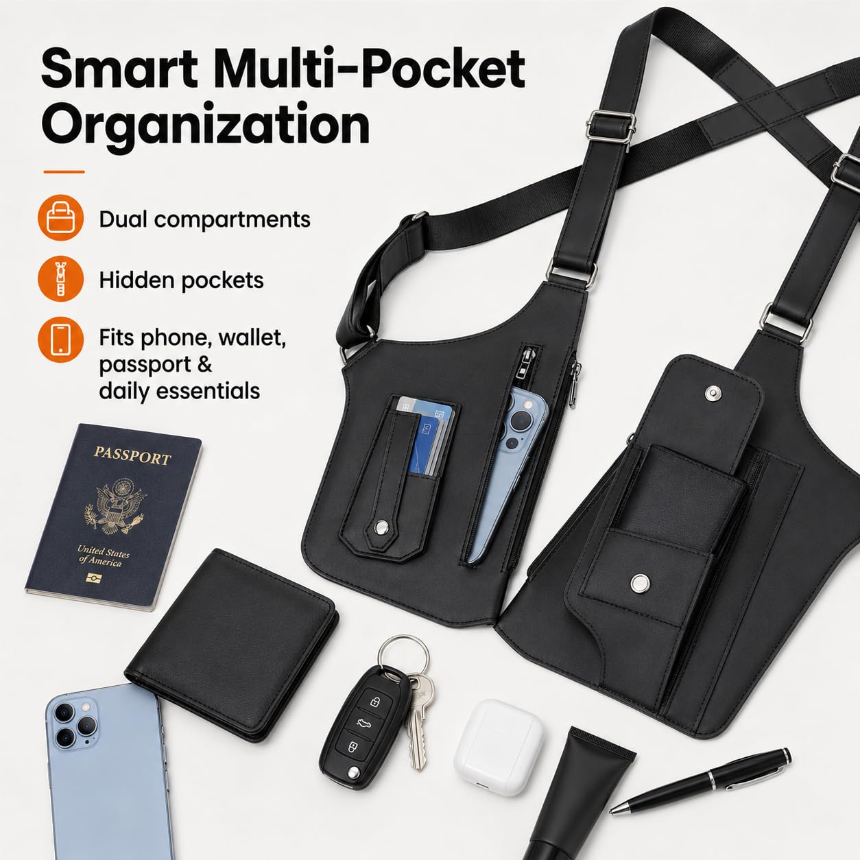 Men’s Underarm Shoulder Holster Bag Anti-Theft Crossbody Sling Bag Concealed Style EDC Pouch Adjustable Straps Multi Pocket (Vegan Leather)