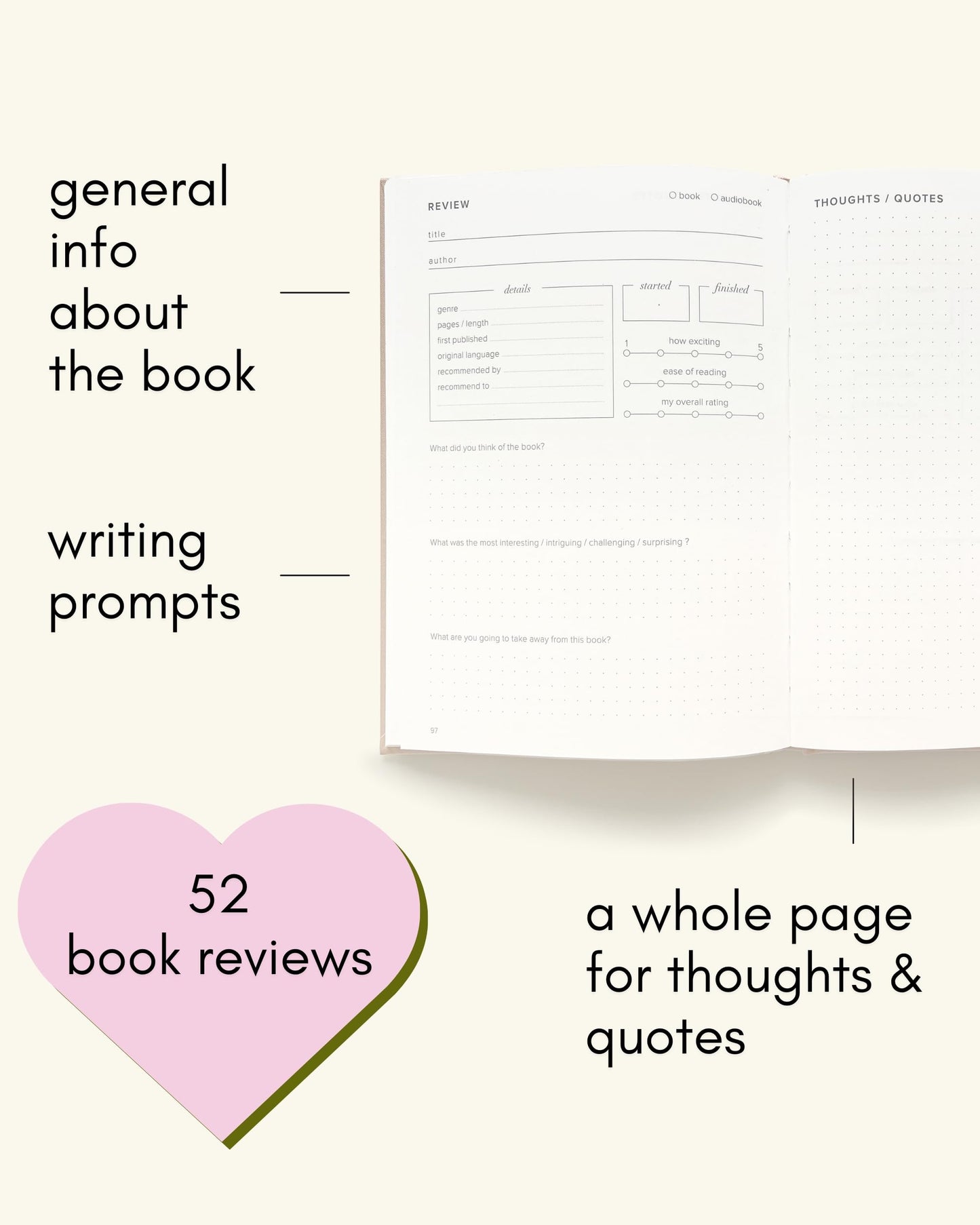 Kunitsa Co. The Reading Journal - 52 Reviews, Book Journal for Book Lovers and Readers, Review and Track Your Reading, Green