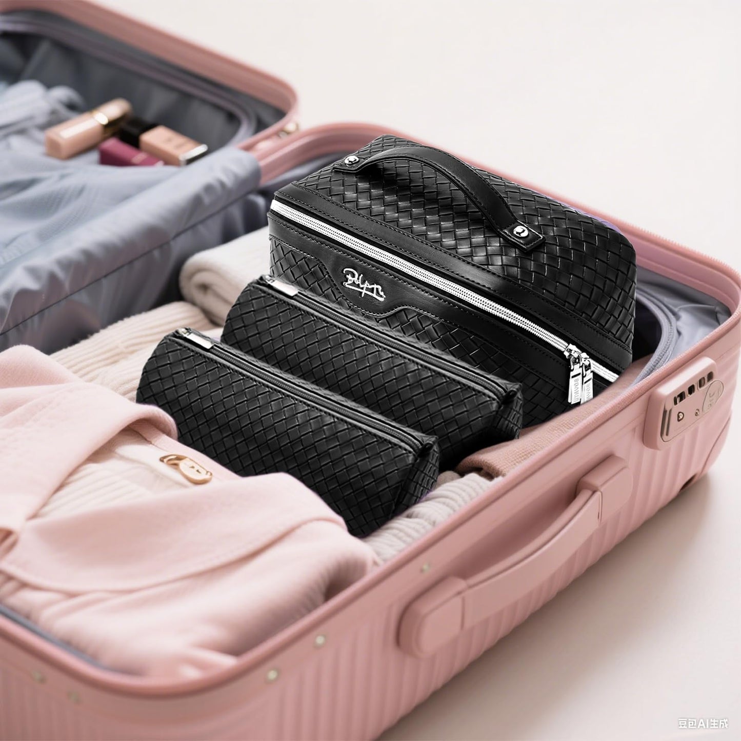 BOYATU Travel Makeup Bags for Women: 3 Pcs Large Make up Bags Set - Vegan Leather Cosmetic Bag for Traveling - Waterproof Toiletry Organizer (L05 Black)