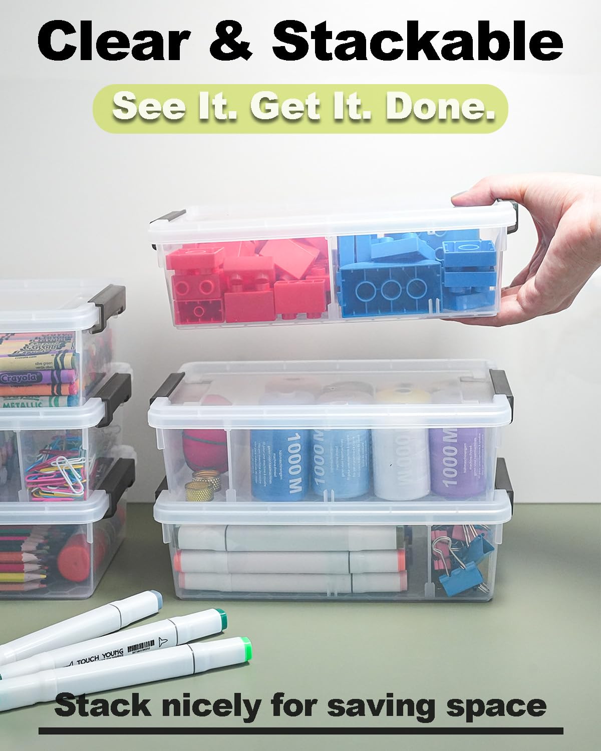 GEOPHIA 6 Pack Extra Large Pencil Box with Removable Divider, Thickened Pencil Case Bulk, Clear Crayon Marker Organizer Stackable Plastic Small Storage Containers for Pen Craft School Supplies(Grey)