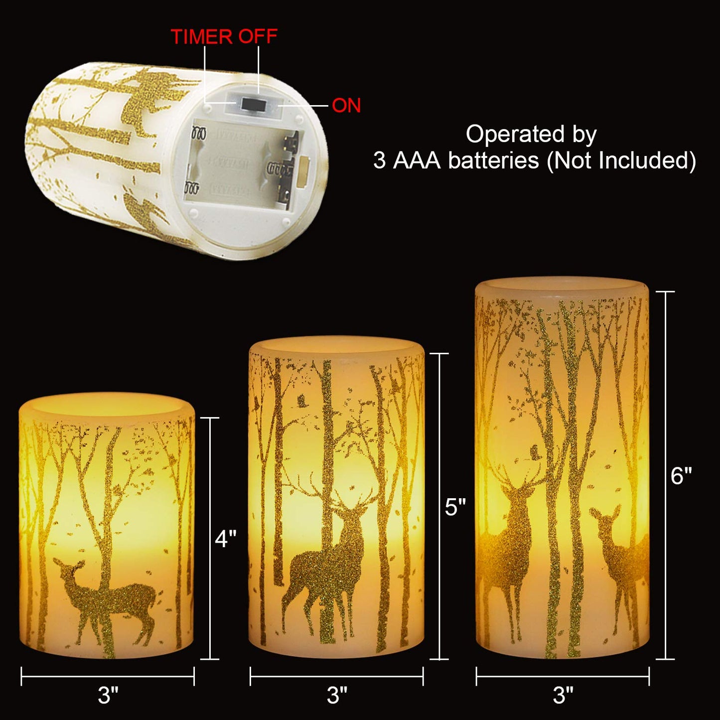 Wondise Flameless Flickering Candles with Timer, Battery Operated Real Wax Gold Deer Decal LED Pillar Candles for Christmas Holiday Home Decoration, Set of 3(3 x 4,5,6 Inch)