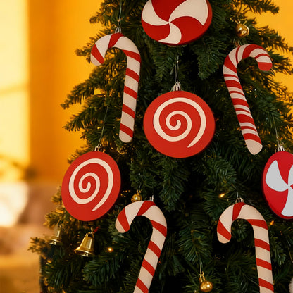 10ct Red and White Christmas Tree Ornaments, Shatterproof Plastic Candy Cane & Lollipop Xmas Decorations for Family, Kids, Candyland Themed Party Supplies