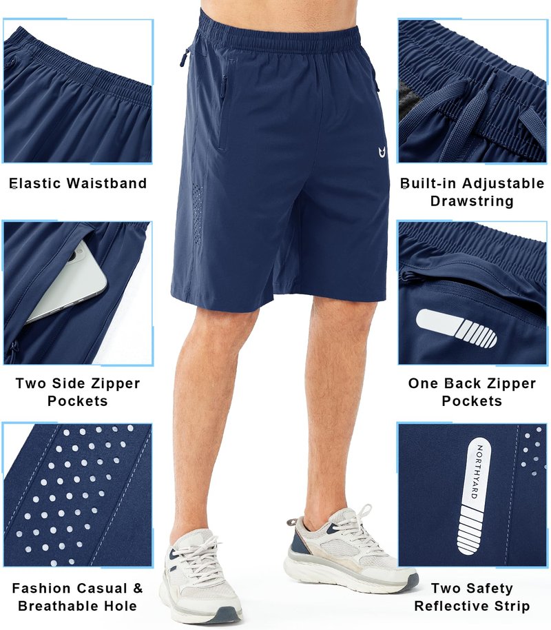 NORTHYARD Men's Athletic Running Shorts Gym Workout 7"/9"/5" Quick Dry Lightweight Sports Basketball Tennis 3 Zipper Pockets DARKBLUE-9inch XL