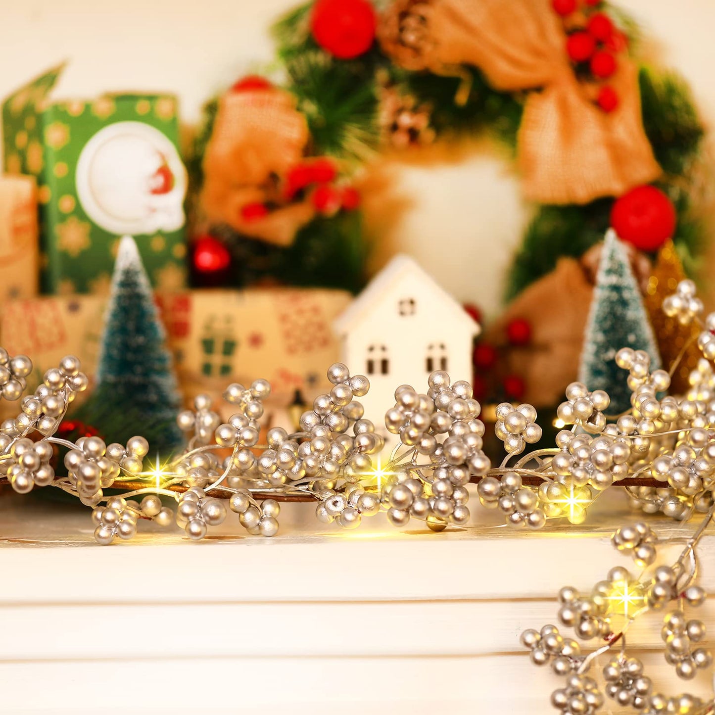 Syhood Christmas Berry String Garland with Lights Thanksgiving Artificial Lighted Garland for Xmas Winter Tree Decor Home Office Fireplace Mantel Decoration Holiday Valentines, 6 ft(Silver,1 Pc)