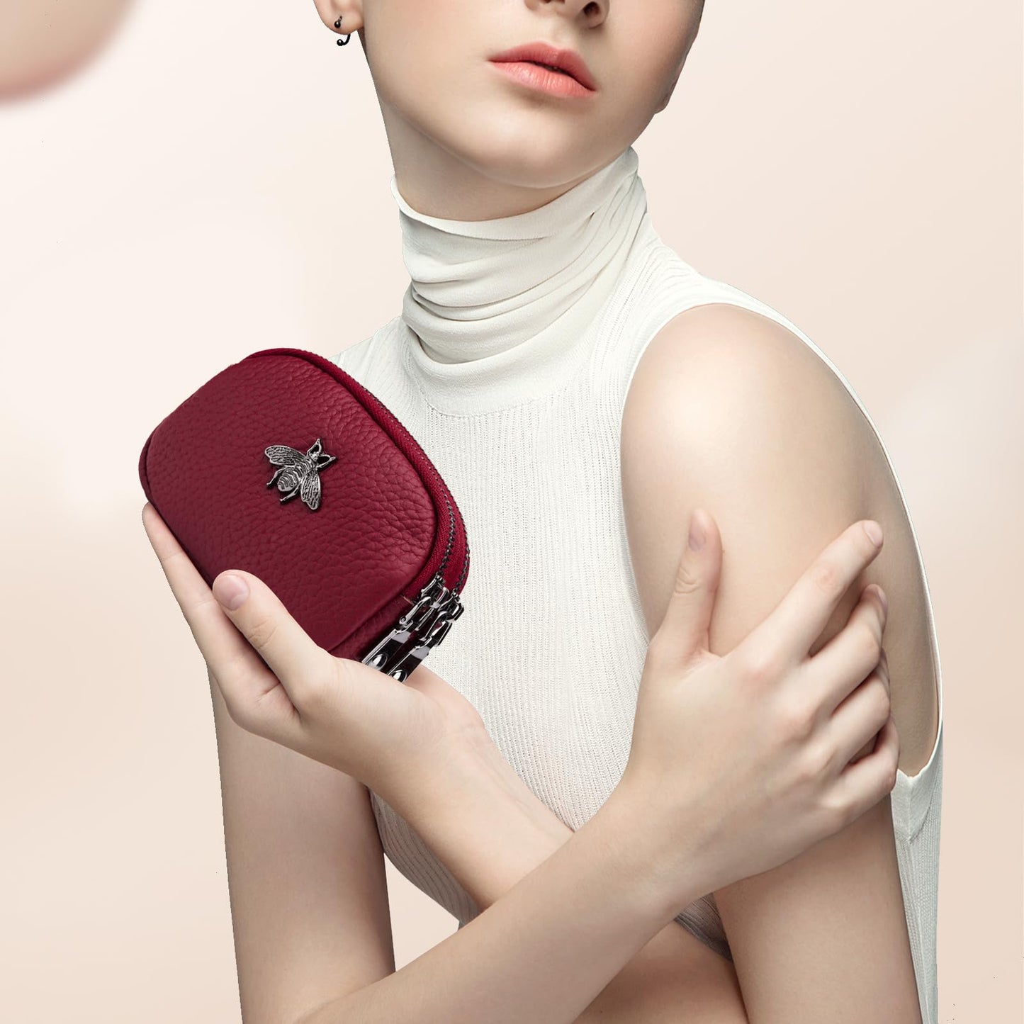 imeetu Women Leather Coin Purse, Small 2 Zippered Change Pouch Wallet(Red)