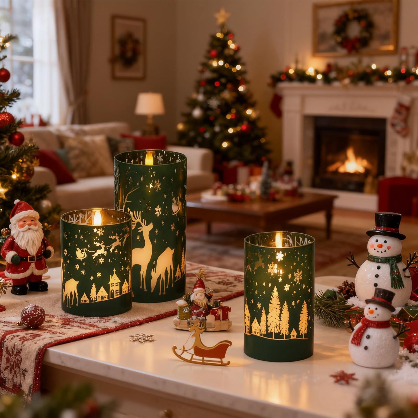 DRomance Christmas Flameless Candles Battery Operated with 10-Key Remote and Timer 3D Wick Flickering Electroplating Glass Reideer LED Candles Indoor Holiday Decorations(Green, 3" D x 4", 5", 6" H)