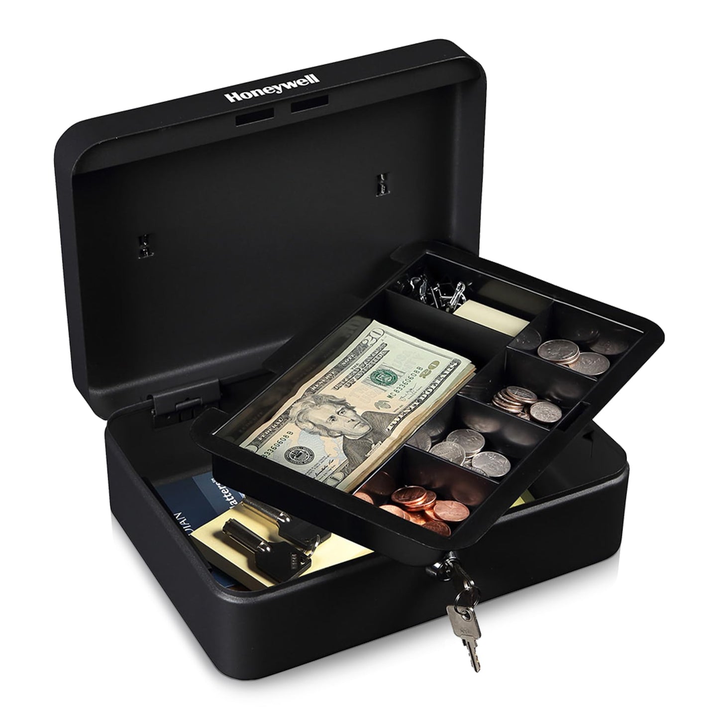 Honeywell Safes & Door Locks - Standard Small Cash Box with Removable Money Tray - Storage Under Tray & 5 Coin Slots - Durable Metal Safe with Key Lock - Saving Money Lock Box - Black, 0.14 CU - 6112