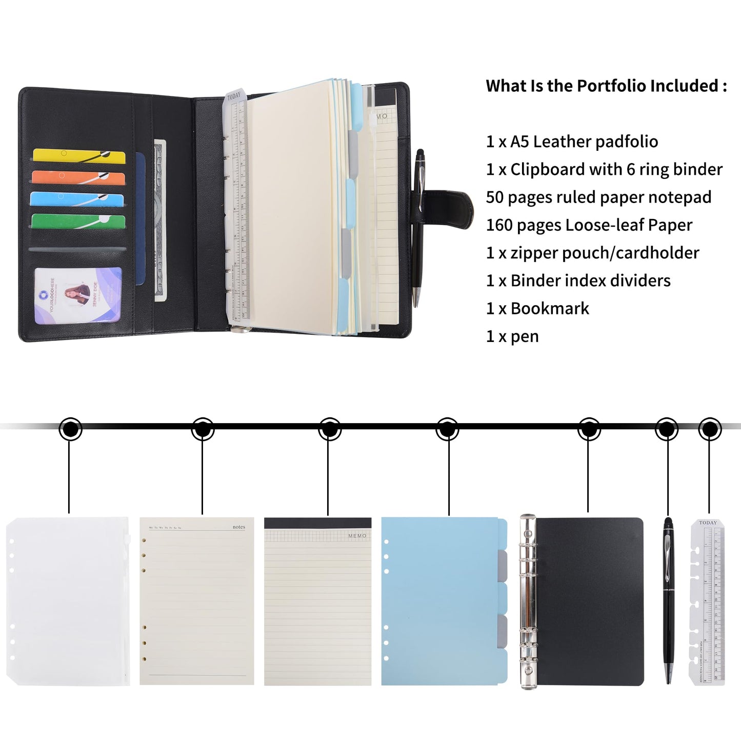 WASON A5 Binder PU Leather Journal Ring Portfolio Lined Notebook Refillable Paper Diary with Removable Clipboard Writing Notepad for Travel Business School Agenda Organizer (Black)
