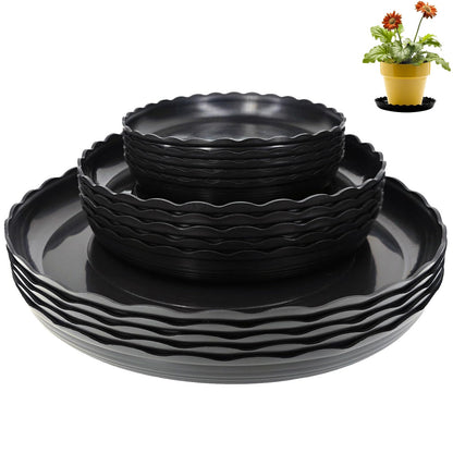 OFiSEXPT 15 Pcs Plant Saucer Set, 6, 8, 10 Inch Plastic Pot Trays, Flower Planter Saucers, Drip Trays for Indoor/Outdoor, Sturdy Plant Plate Water Catcher (Black)