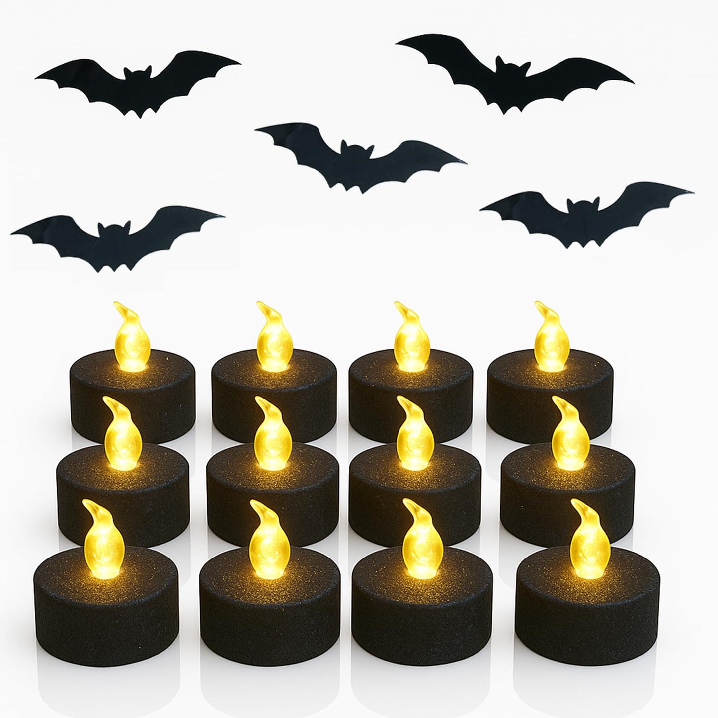 Aulaygo 12PCS Black Tea Lights with Timer,Glitter Sparkly Tealights Candles Warm White Flickering Battery Operated for Gothic Wedding, Valentine's Day Home Decorations