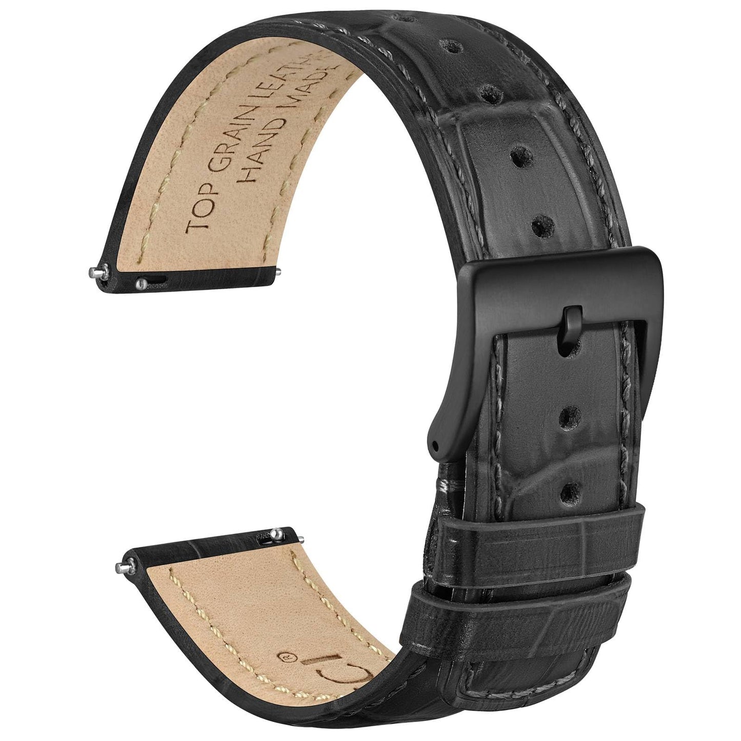 WOCCI 22mm Watch Band, Top Grain Leather, Embossed Alligator Grain, Quick Release, Black Buckle (Dark Grey)