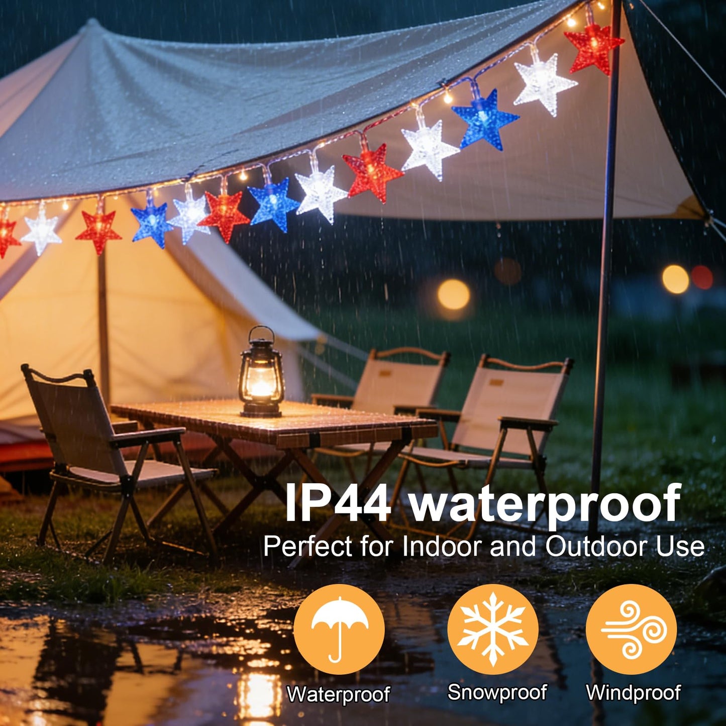 TWINGLEHOME 50 LED Patriotic String Lights Star 16FT (5M) with Clear Wire, Waterproof Battery Box, Multifunctional Modes Lighting (Red, Cool White, Blue) for Nation Day