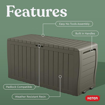 Keter Marvel Plus 71 Gallon Resin Outdoor Storage Box for Patio Furniture Cushions, Throw Pillows, Garden Tools and Pool Floats, Taupe