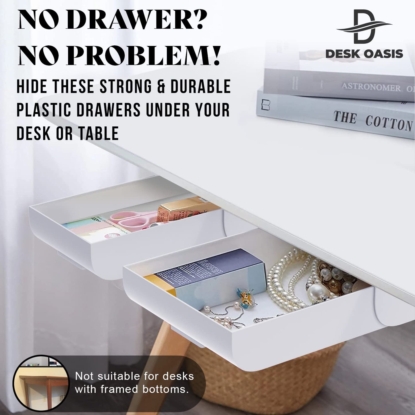 Desk Oasis 2 Pack Under Desk Drawer Organizer, Slide Out Storage for Pens, Cables & Office Accessories with Self Adhesive, No Drill Installation, Hidden Desk Storage for Office and Home