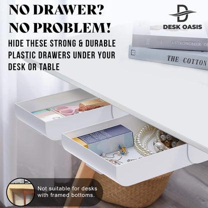 Desk Oasis 2 Pack Under Desk Drawer Organizer, Slide Out Storage for Pens, Cables & Office Accessories with Self Adhesive, No Drill Installation, Hidden Desk Storage for Office and Home