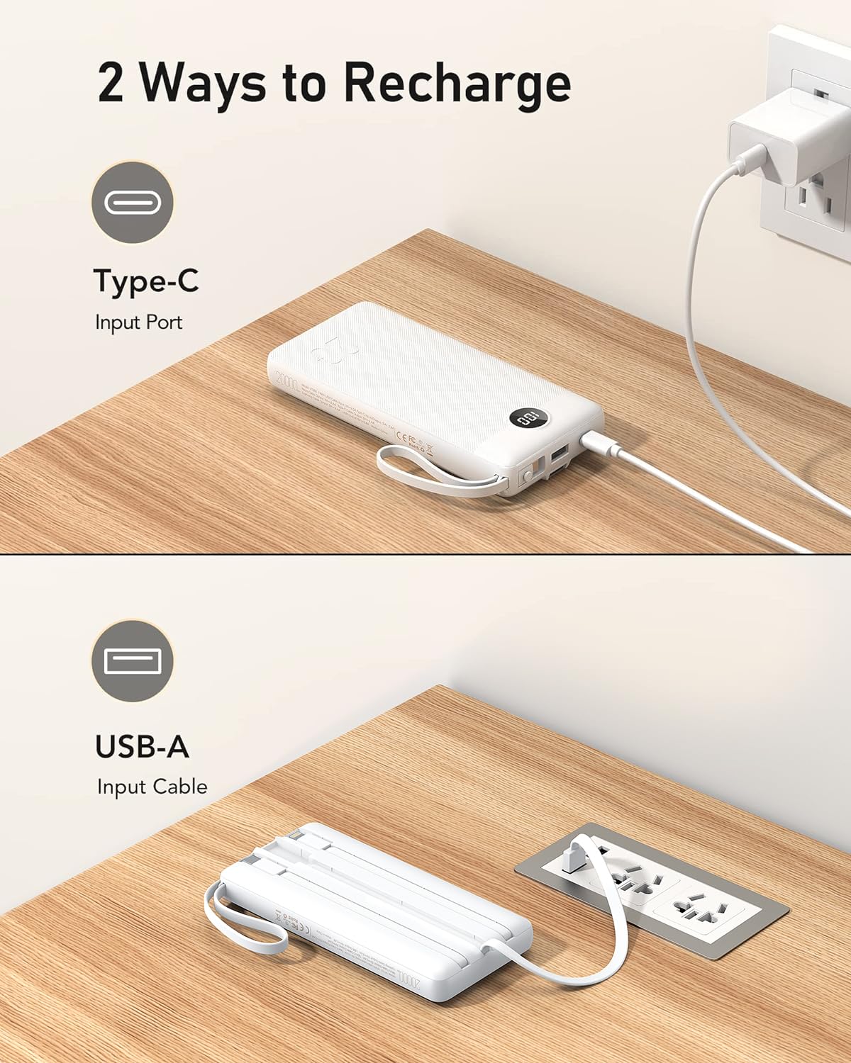 VEEKTOMX Portable Charger with Built-in Cables, 20000mAh Power Bank for iPhone, Fast Charging USB C Battery Pack, Travel Essentials Powerbank Compatible with iPhone, Samsung, Android, etc