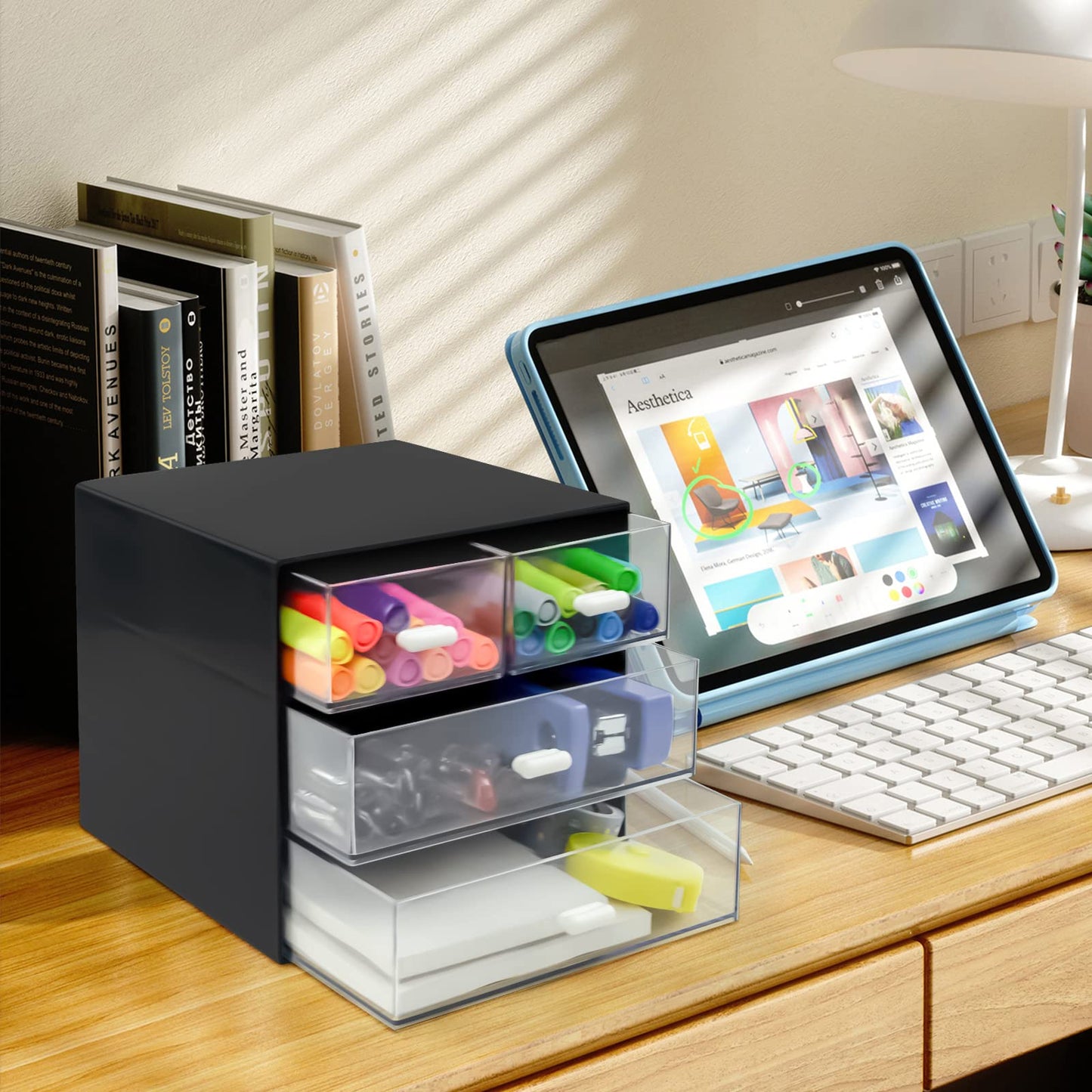 Zuiaso Desk Organizer with Drawer, Desk Storage Box, Plastic Office Stationery Supplies Organizers, Desktop Organizer for Office School Home (4 drawer, Black)