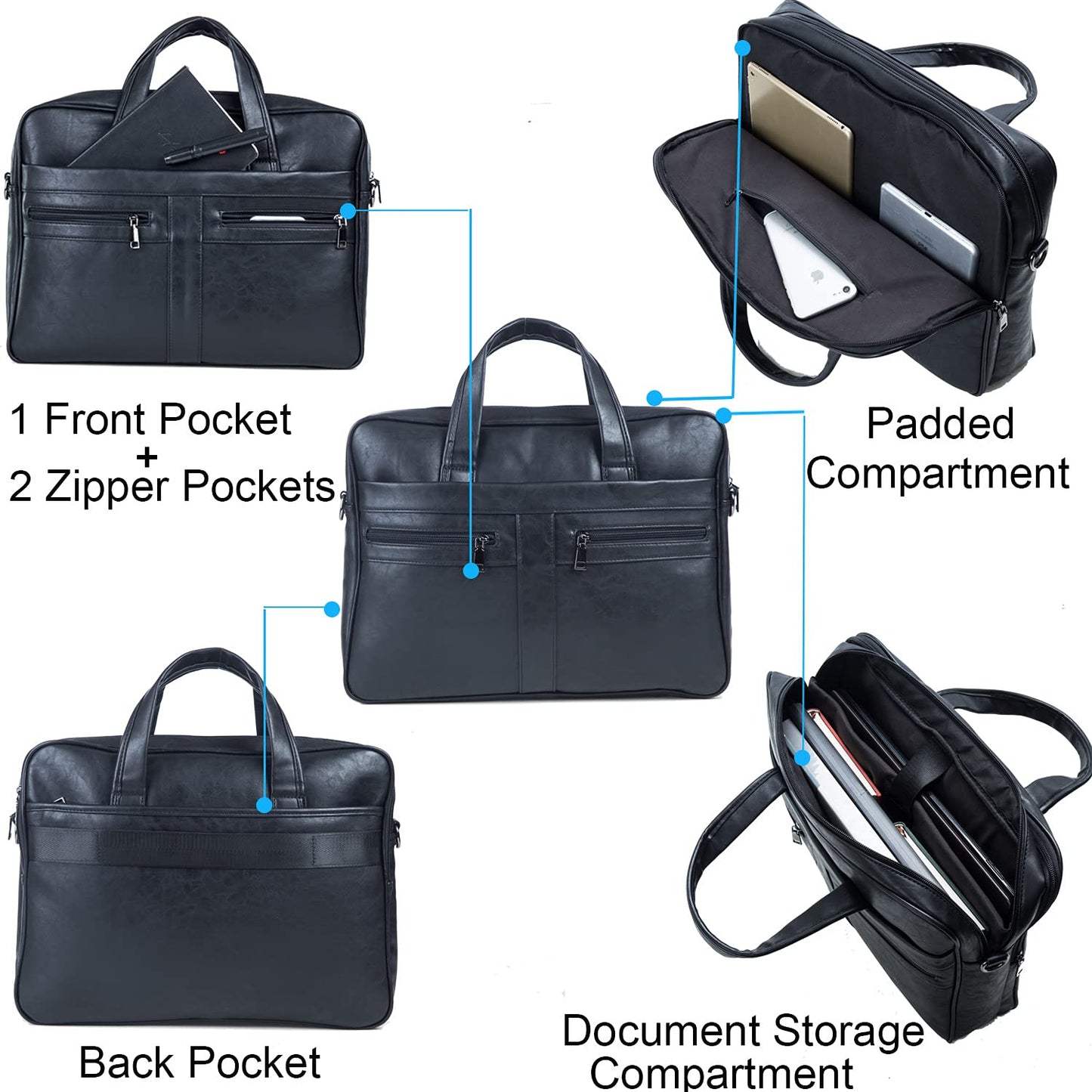 seyfocnia Men's Leather Messenger Bag, 15.6 Inches Laptop Briefcase Business Satchel Computer Handbag Shoulder Bag for Men-Black