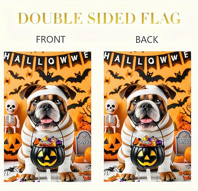Halloween Dog Garden Flag12x18 Double Sided Vertical Flag Mummy Bulldog Garden Flag for Outside Fall Halloween Decorative Flag Halloween Seasonal Holiday Yard Patio Garden Banner