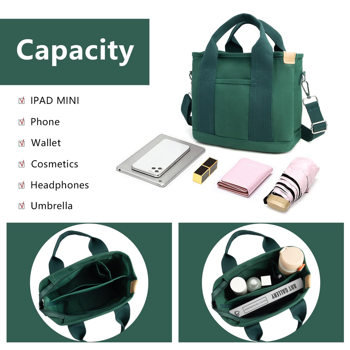 IwIeIaIrI Small Tote Bag for Women,Canvas Mini Tote Bags with Zipper and Multi Pockets,Crossbody Bag Shoulder Bag,Kids,Girls,Friends Gift(Dark Green)