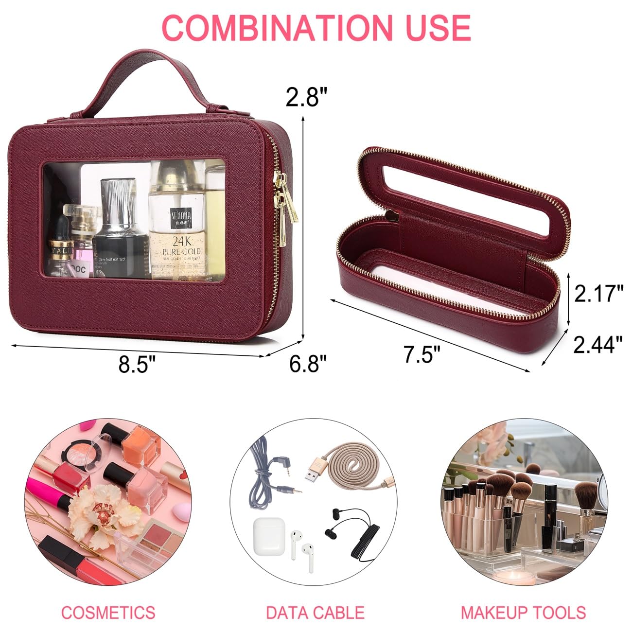 Pinkmik Travel Clear Makeup Bag with Brush Bag Portable Cosmetic Bag Case Transparent Toiletry Bag Cosmetic Organizer Storage Bag for Women (X/Burgundy, L+SLIM)