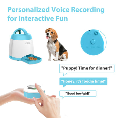 PETGEEK Automatic Dog Feeder/Treat Dispenser with Rechargeable Button Remote Control, Interactive Dog Food Puzzle & Stimulation Toys, 400ml Capacity Pet Dispensing Toy for Indoor/Outdoor Play