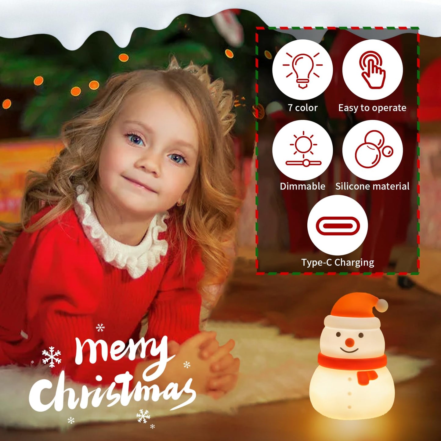 INHXSZU Night Light for Kids,Silicone Snowman Nightlight,Rechargeable Portable Bedside Touch Boot Lamp,Dimmable RGB Christmas Tree Lights for Breastfeeding,Room Decor,Baby Nursery,Gifts for Kids