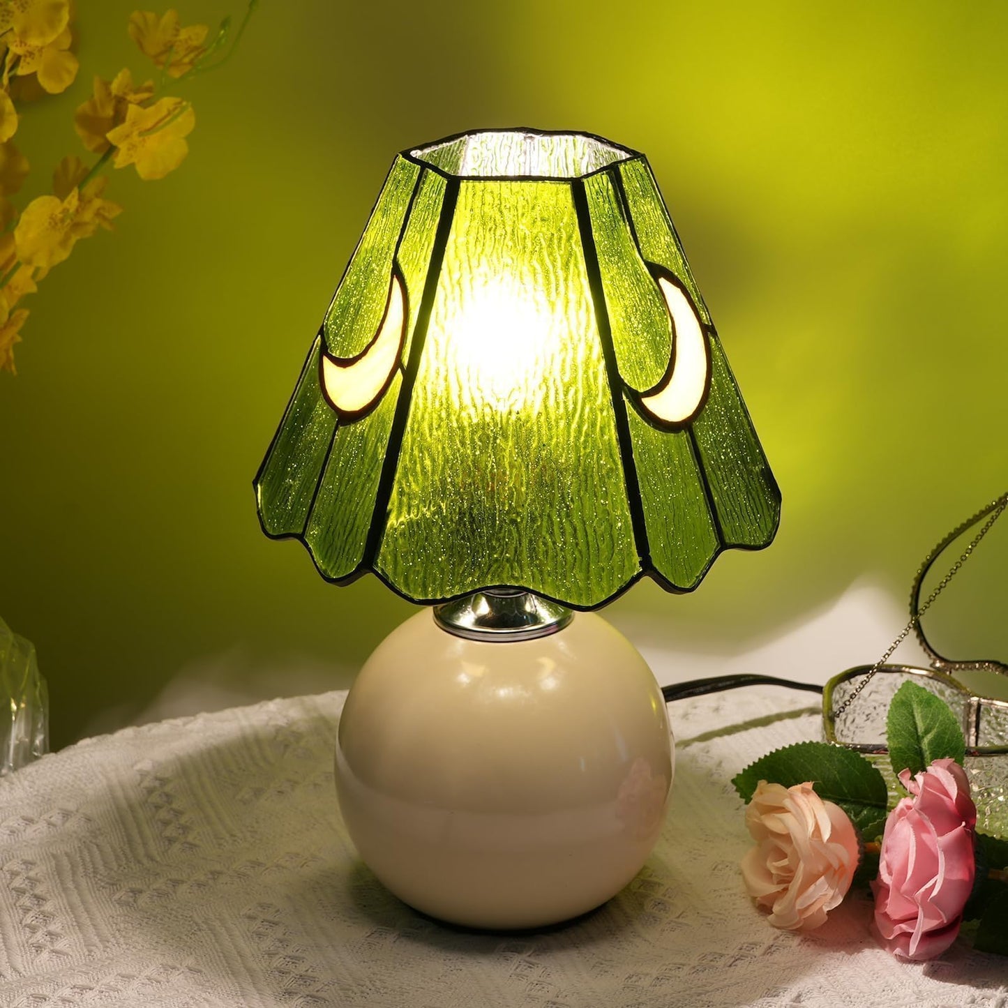 KIPHEPI Tiffany Style Bedside Table Lamp Stained Glass Moon Mushroom Lamp for Bedroom Small Nightstand Lamps for Home Decor Living Room Bedroom Study Nursery Dorm,Green