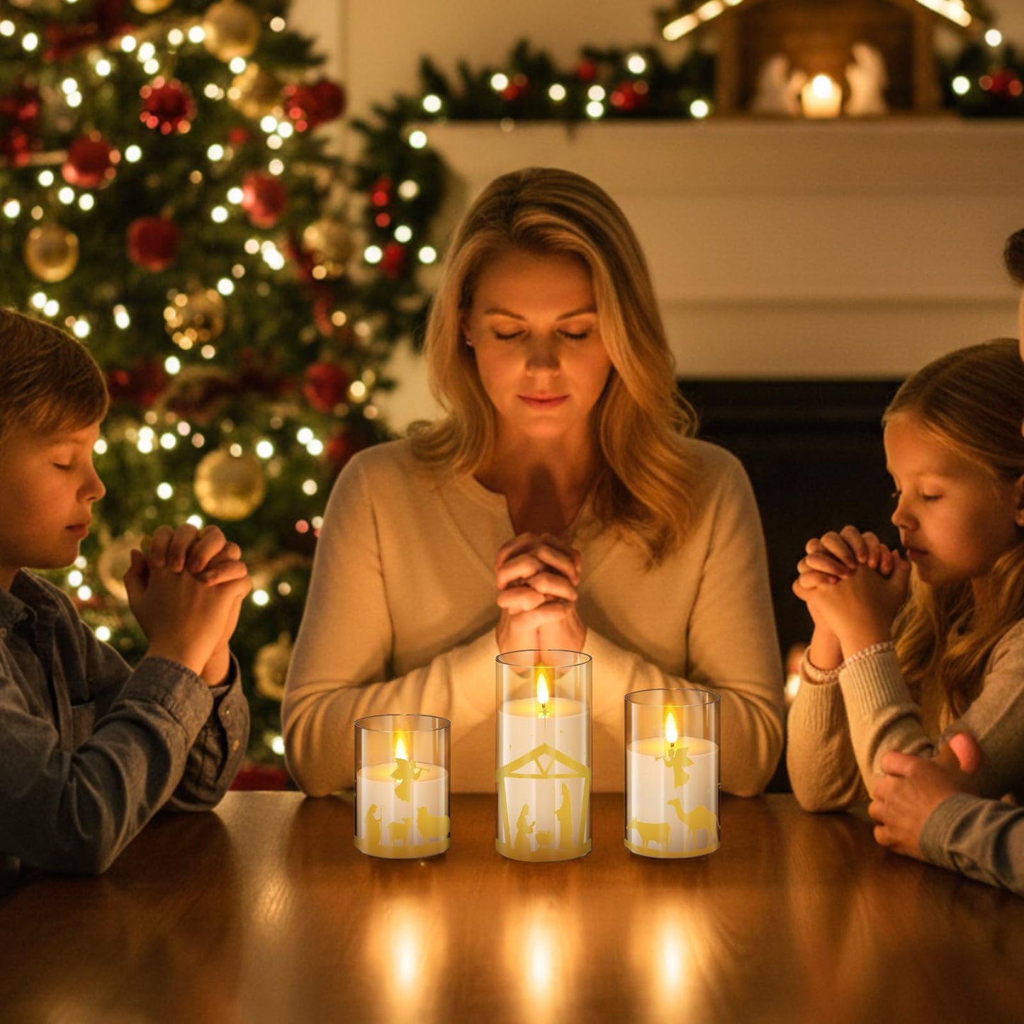 Blosssound 3 Pack Christmas Nativity Flameless Candles Battery Operated Xmas Nativity Jesus Flameless Flickering Candles LED for Home Fireplace Winter Holiday Table Decorations Christmas Gifts