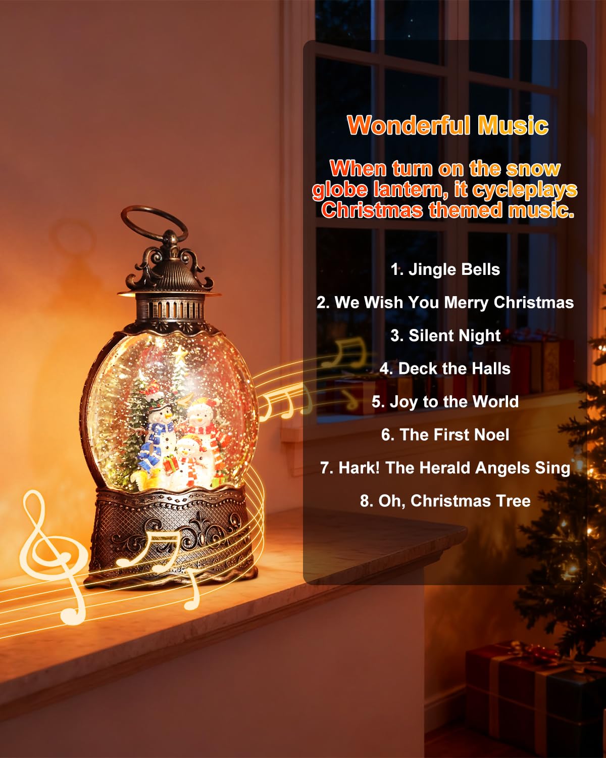 Christmas Snow Globe Lantern with Frosty Snowman Cardinals for Christmas Decorations, with Music and Lighting Features，USB or Battery Operated