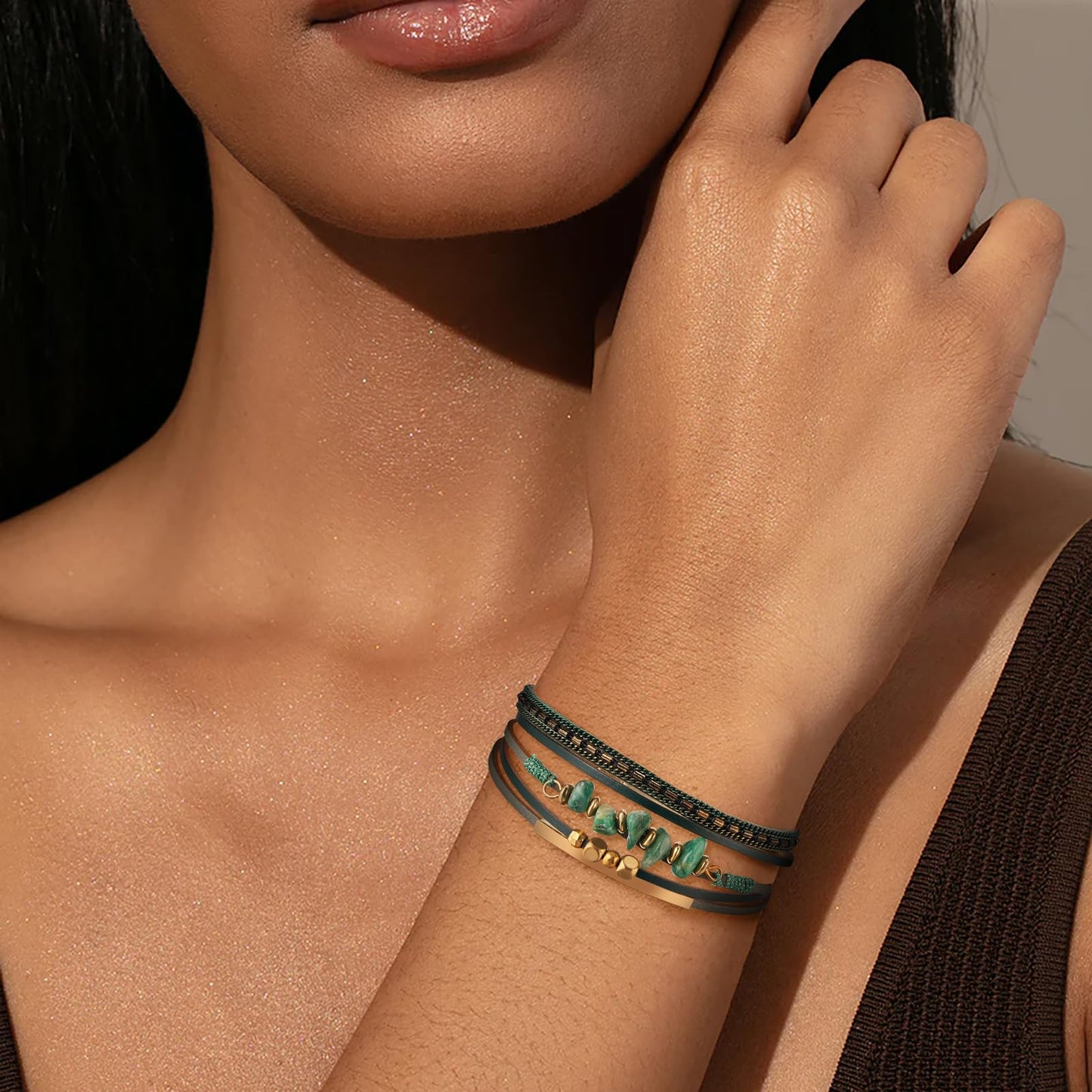 Fesciory Leather Wrap Bracelets for Women, Boho Leopard Multi-Layer Crystal Beads Cuff Bracelet Jewelry (Stone(Green1))