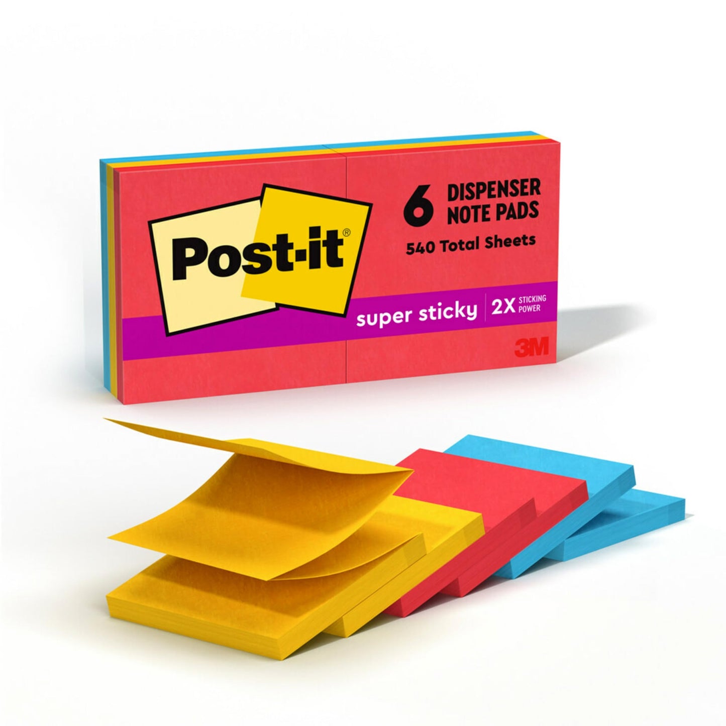 Post-it Super Sticky Dispenser Pop-up Notes, 6 Sticky Note Pads, 3 x 3 in., 2X the Sticking Power, School Supplies and Oﬃce Products, Use with Post-it Note Dispensers, Playful Primaries Collection