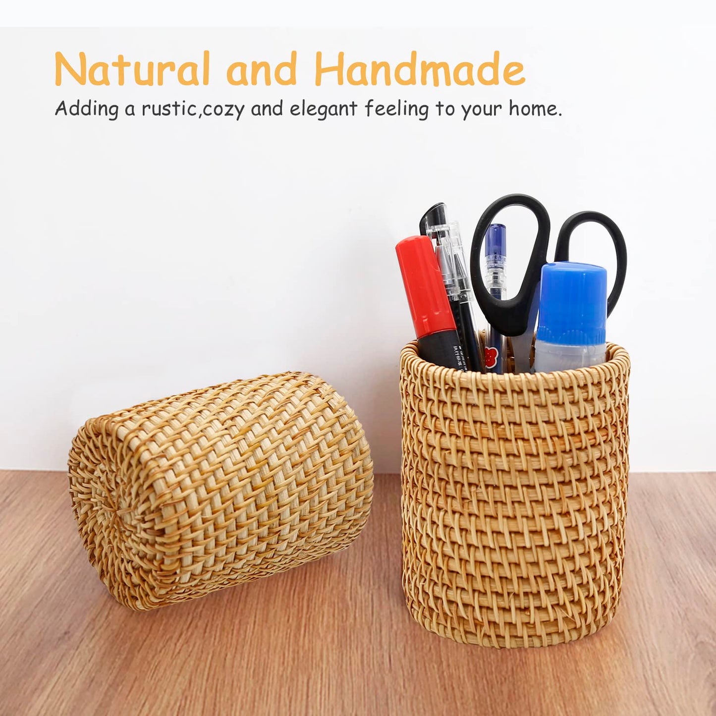 ZUDKSUY 2 Pack Rattan Pencil Holder for Desk Handmade Pen Organizer Bucket Boho Desk Accessories Pen Cup Holder Aesthetic Holder for Desk Cute